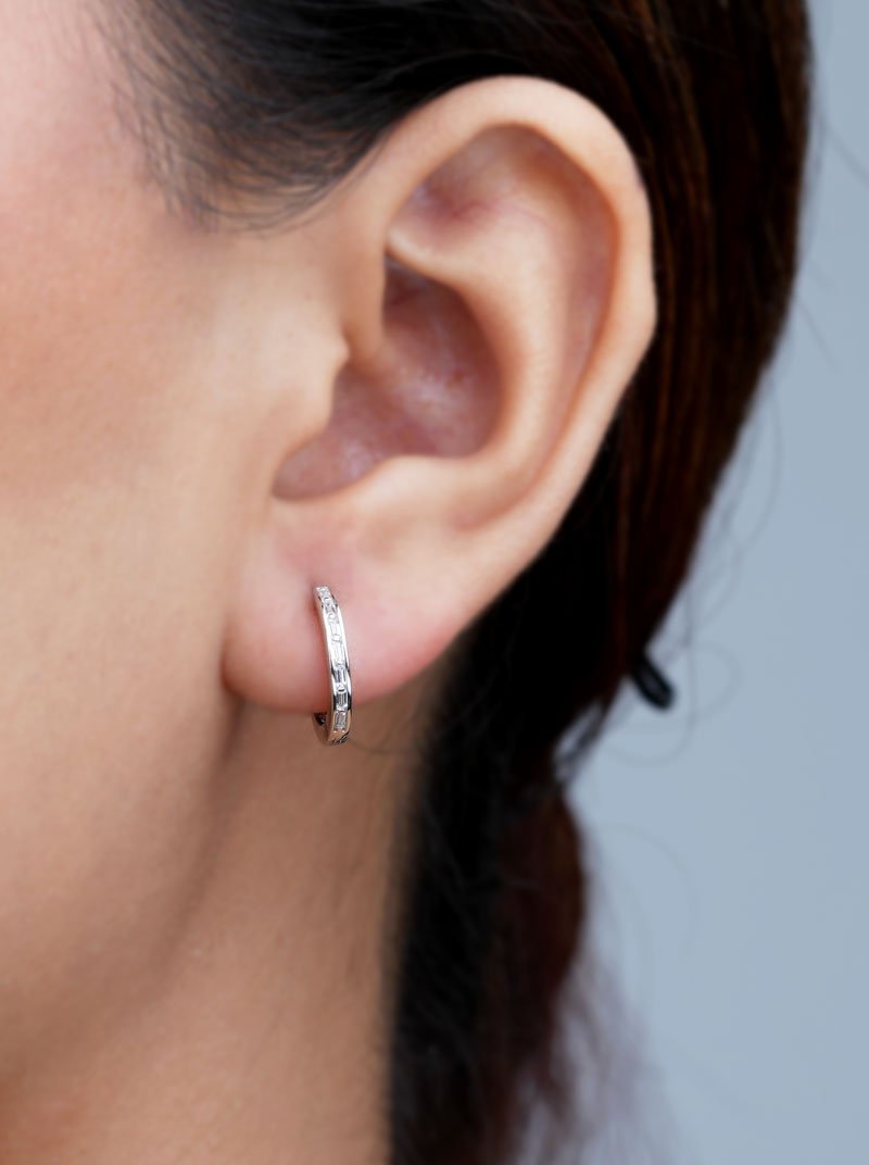 Baguette Cut Circle Huggie Earrings (Pure Silver) - Silver